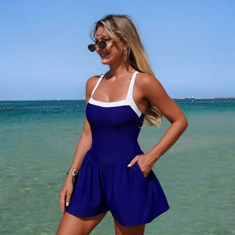 Woman 2026 Sleeveless Solid Color High Stretch Skirted Hem Square Neckline Thin Straps Lace Up Back Olive Green Swimsuit