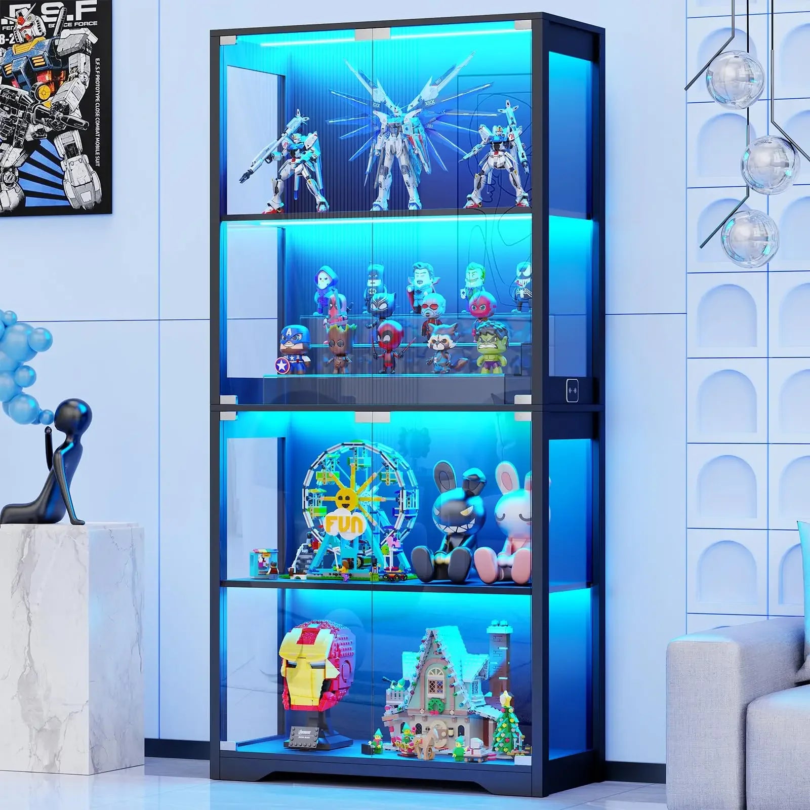 BROTTAR Human Body Sensor Display Cabinet, 4-Tier Modern Glass Curio Cabinet with Glass Doors Dimmable 3-Color LED for Living Ro