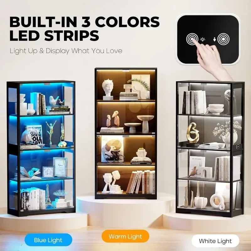 BROTTAR Human Body Sensor Display Cabinet, 4-Tier Modern Glass Curio Cabinet with Glass Doors Dimmable 3-Color LED for Living Ro