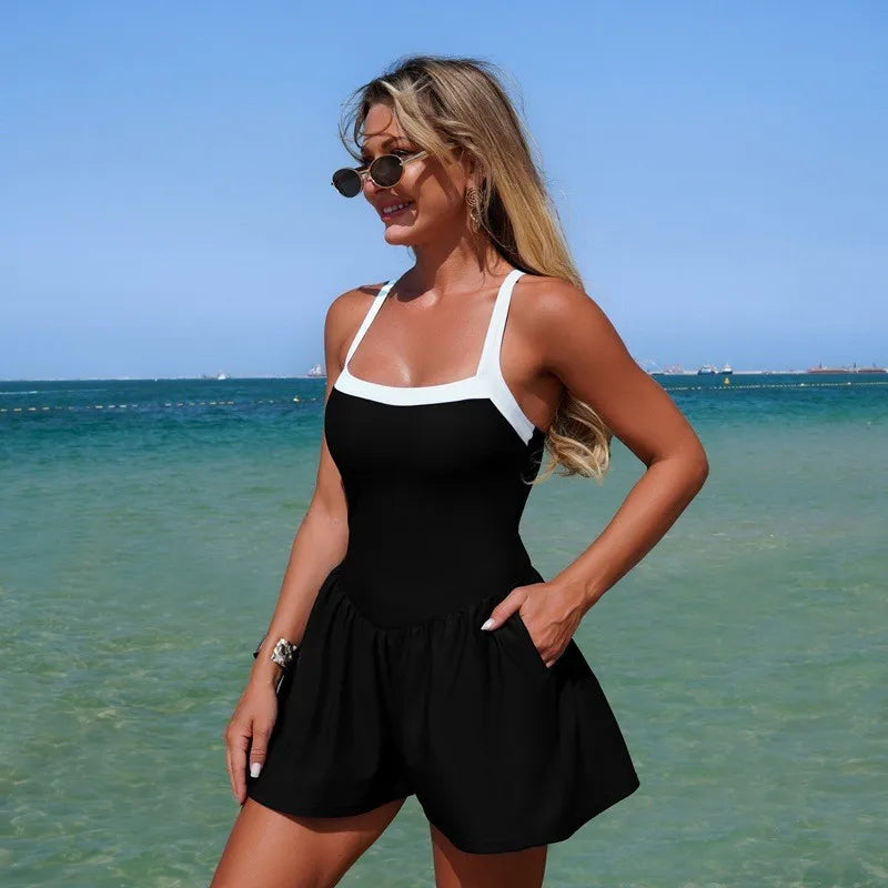 Woman 2026 Sleeveless Solid Color High Stretch Skirted Hem Square Neckline Thin Straps Lace Up Back Olive Green Swimsuit