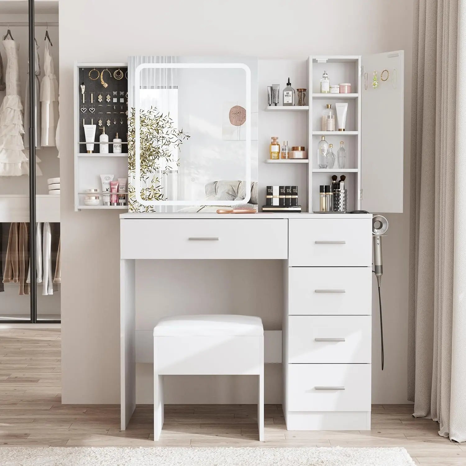 White Vanity Desk Mirror Lights Power Strip 5 Drawers Shelves 3 Lighting Modes Dressing Table, Customized