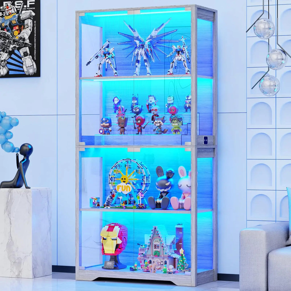 BROTTAR Human Body Sensor Display Cabinet, 4-Tier Modern Glass Curio Cabinet with Glass Doors Dimmable 3-Color LED for Living Ro