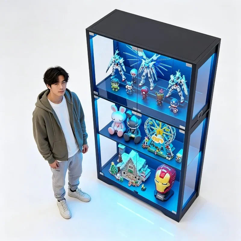 BROTTAR Human Body Sensor Display Cabinet, 4-Tier Modern Glass Curio Cabinet with Glass Doors Dimmable 3-Color LED for Living Ro