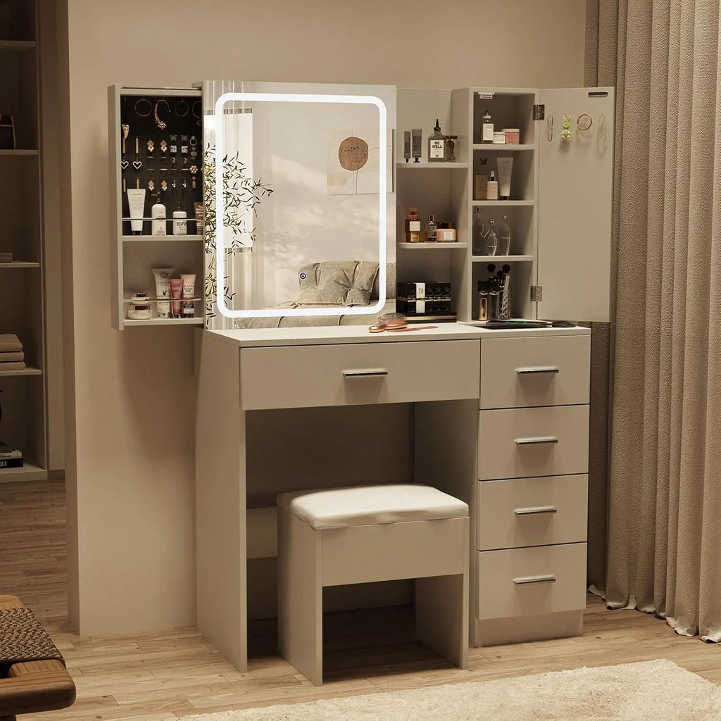 White Vanity Desk Mirror Lights Power Strip 5 Drawers Shelves 3 Lighting Modes Dressing Table, Customized