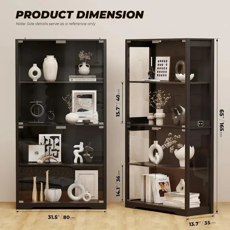BROTTAR Human Body Sensor Display Cabinet, 4-Tier Modern Glass Curio Cabinet with Glass Doors Dimmable 3-Color LED for Living Ro