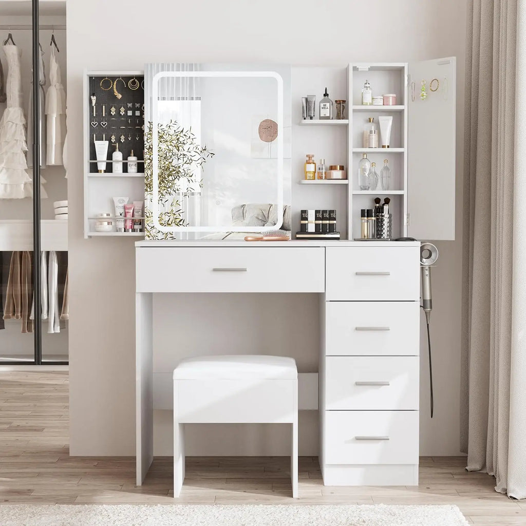 White Vanity Desk Mirror Lights Power Strip 5 Drawers Shelves 3 Lighting Modes Dressing Table, Customized