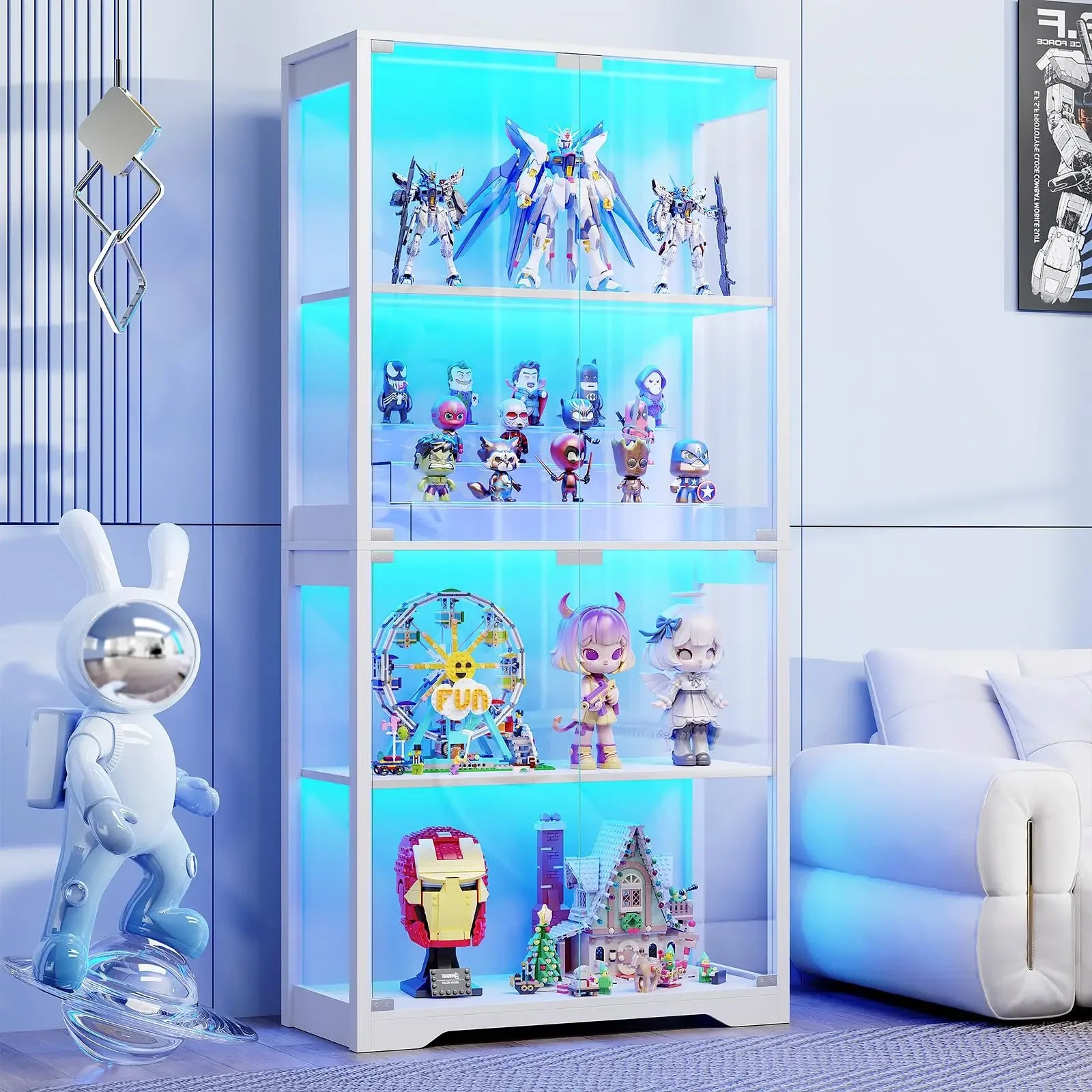 BROTTAR Human Body Sensor Display Cabinet, 4-Tier Modern Glass Curio Cabinet with Glass Doors Dimmable 3-Color LED for Living Ro