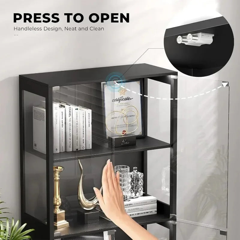 BROTTAR Human Body Sensor Display Cabinet, 4-Tier Modern Glass Curio Cabinet with Glass Doors Dimmable 3-Color LED for Living Ro