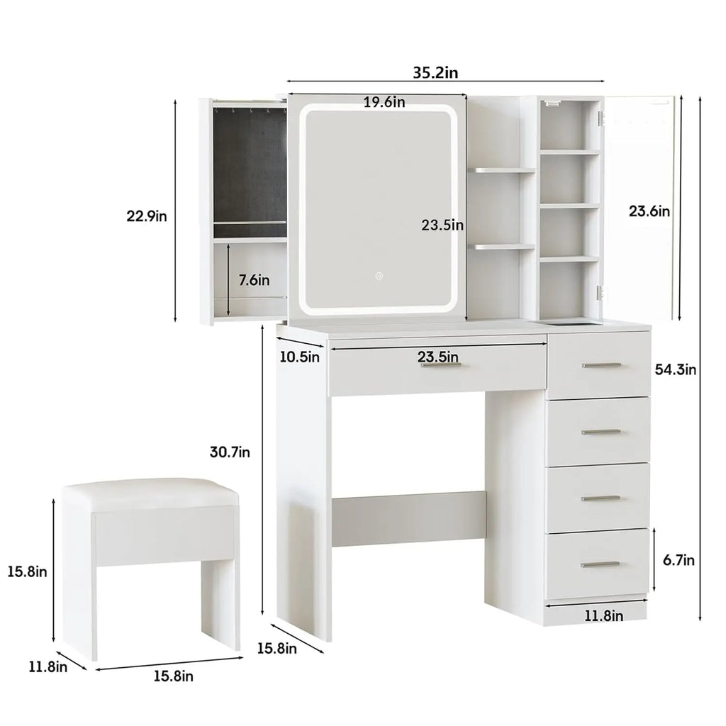 White Vanity Desk Mirror Lights Power Strip 5 Drawers Shelves 3 Lighting Modes Dressing Table, Customized