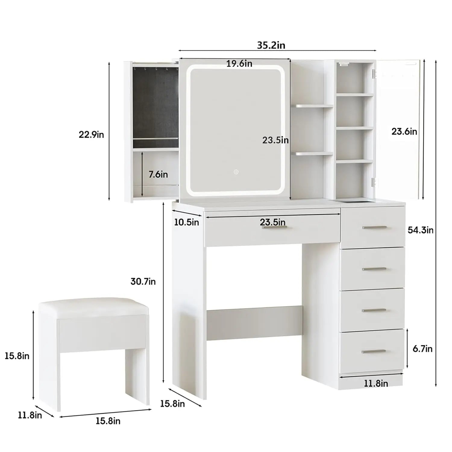 White Vanity Desk Mirror Lights Power Strip 5 Drawers Shelves 3 Lighting Modes Dressing Table, Customized