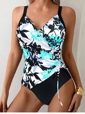Woman Tankini Tummy Control Bikinis Sleeveless V Neck Swimsuit Side Ruching Swimwear Floral Print Tankinis Women's Tummy-control