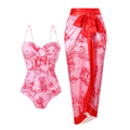 Woman Tankini Retro Tankini Sleeveless Swimwear Toile Print Corset Waist Swimsuit Thin Strap Midi Length Sarong Bathing Suit