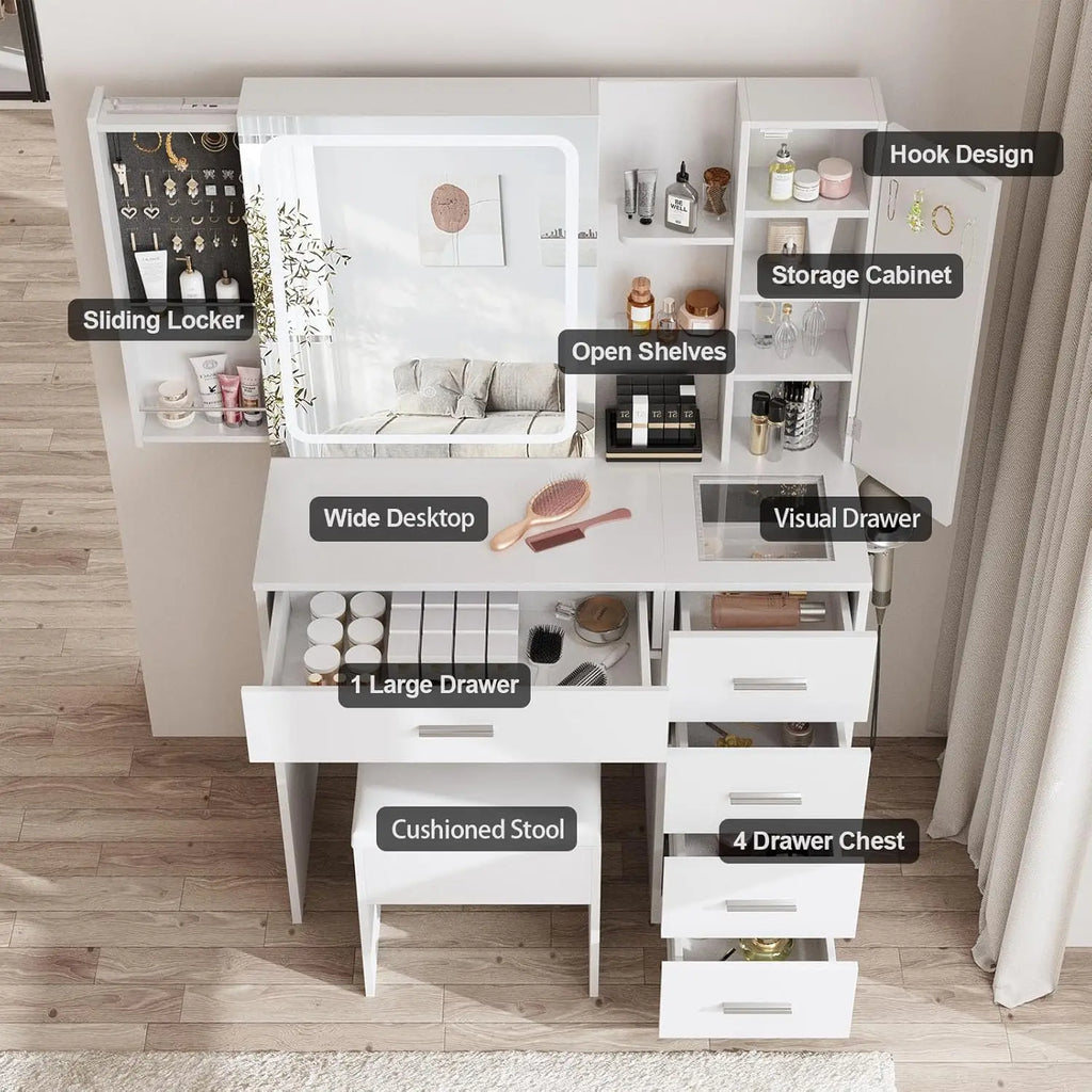 White Vanity Desk Mirror Lights Power Strip 5 Drawers Shelves 3 Lighting Modes Dressing Table, Customized