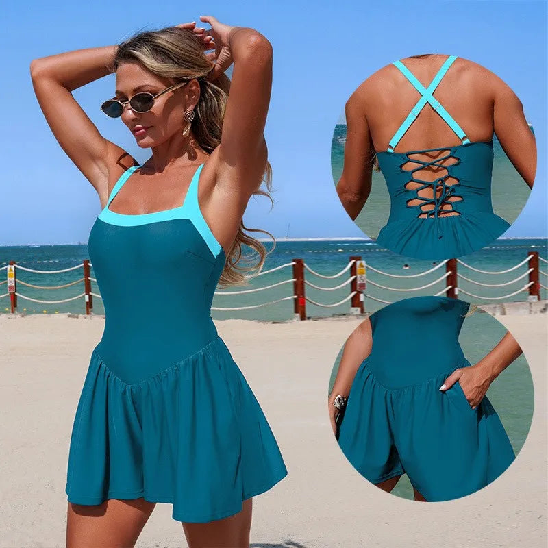 Woman 2026 Sleeveless Solid Color High Stretch Skirted Hem Square Neckline Thin Straps Lace Up Back Olive Green Swimsuit