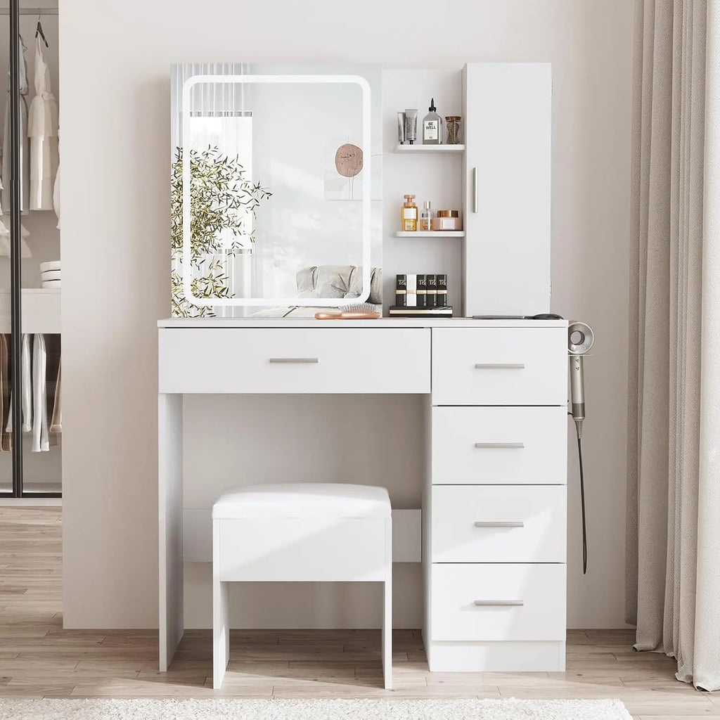 White Vanity Desk Mirror Lights Power Strip 5 Drawers Shelves 3 Lighting Modes Dressing Table, Customized