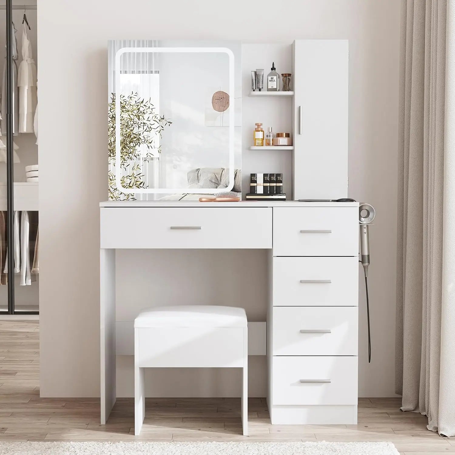 White Vanity Desk Mirror Lights Power Strip 5 Drawers Shelves 3 Lighting Modes Dressing Table, Customized