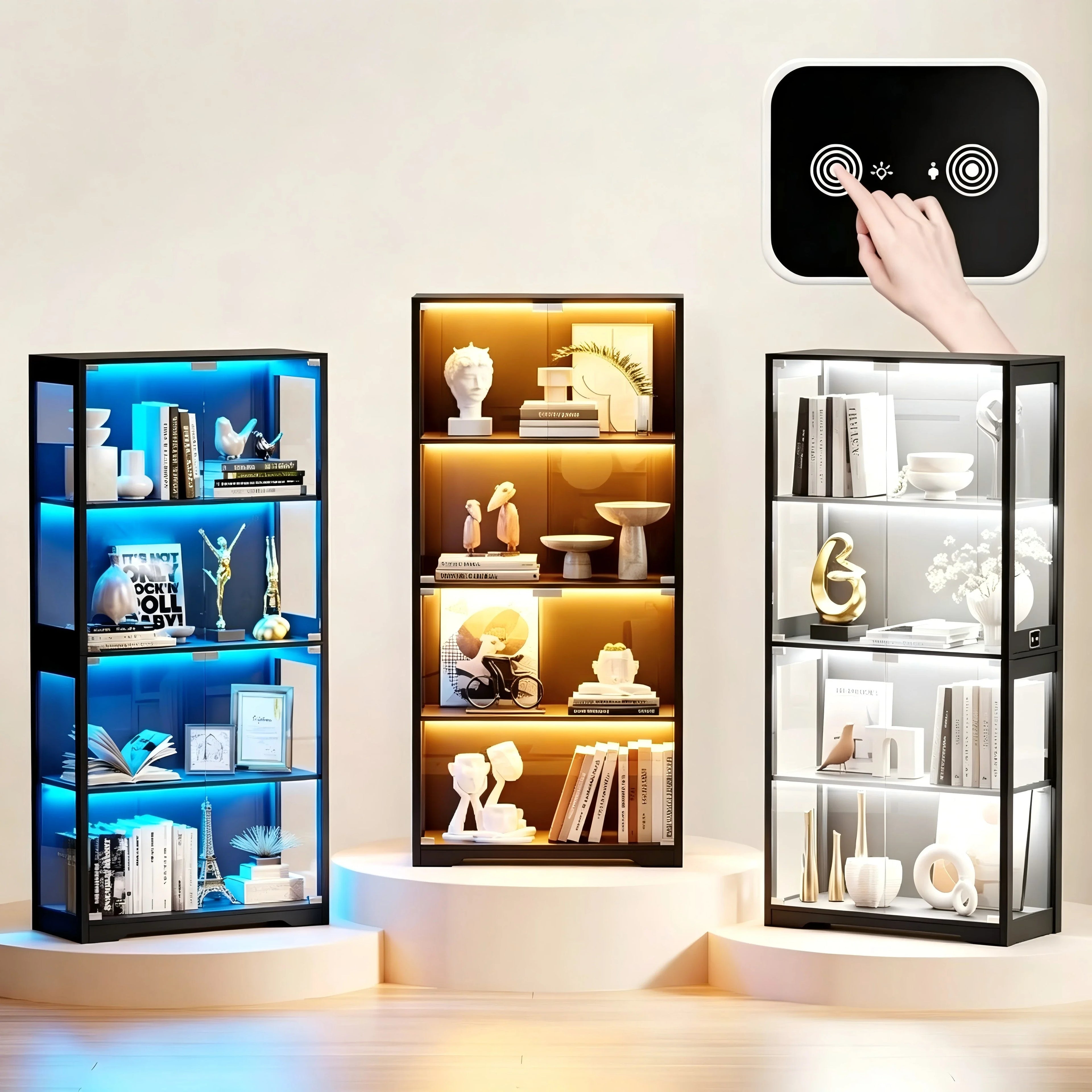 BROTTAR Human Body Sensor Display Cabinet, 4-Tier Modern Glass Curio Cabinet with Glass Doors Dimmable 3-Color LED for Living Ro